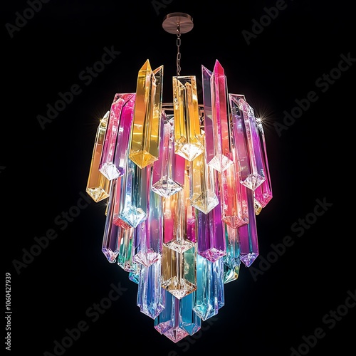 Modern crystal chandelier with iridescent glass prisms hanging from the ceiling.