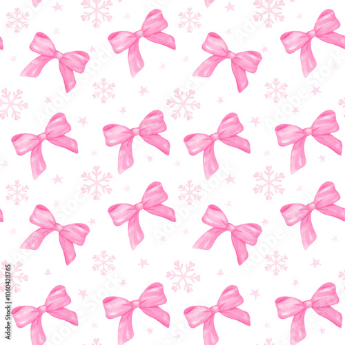 Coquette Christmas pink ribbon bow seamless Pattern watercolor isolated on background.