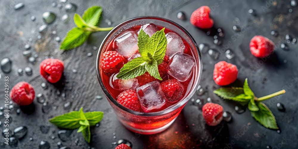 A refreshing summer beverage with bright red berries and icy cubes, garnished with a sprig of mint A refreshing summer beverage with bright red berries and icy cubes, garnished with a sprig of mint