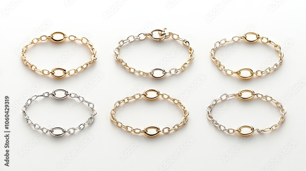 Elegant gold and silver bracelets displayed on soft white paper against a light grey background, showcasing intricate designs and details Elegant gold and silver bracelets displayed on soft white paper against a light grey background, showcasing intricate designs and details