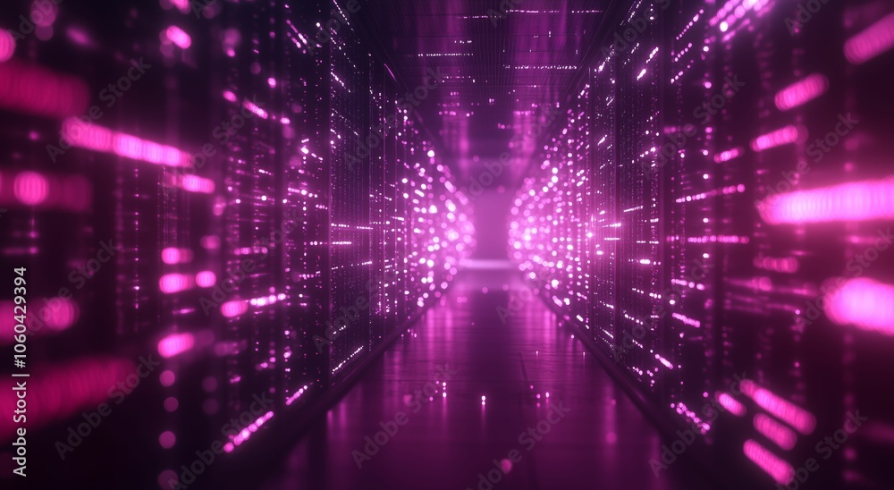 Obraz premium Futuristic Corridor with Glowing Pink Lights in Digital Abstract Space