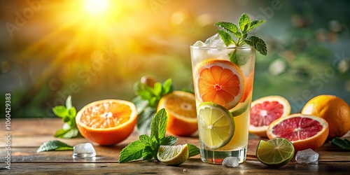 Refreshing citrus beverage with ice and mint garnished in a tall glass on a rustic wood surface