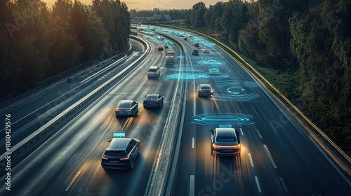 An overhead view of several autonomous vehicles merging smoothly onto
