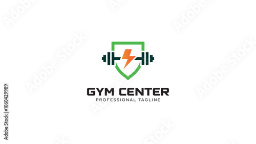 Fitness logo design. Logo vector of a shield with thunder barbell. Minimalist gym icon outline style