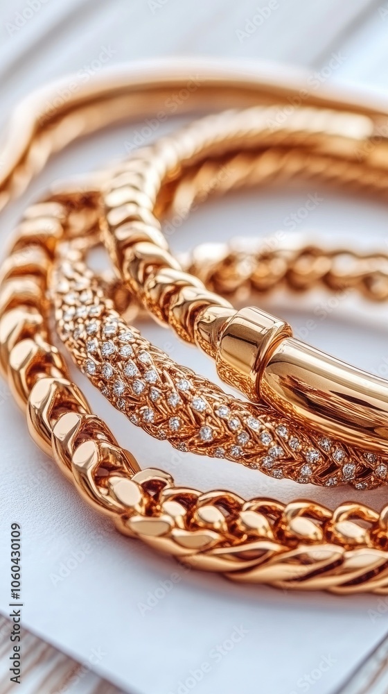 Elegant collection of shimmering gold bracelets artfully arranged on white paper against a soft grey background in natural light Elegant collection of shimmering gold bracelets artfully arranged on white paper against a soft grey background in natural light