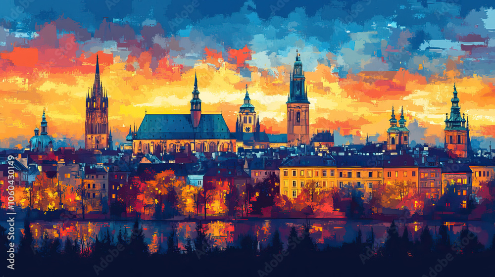 Obraz premium Krakow, Poland, Pop Art style theme print. Cityscape, city skyline.Vibrant, bright, modern, trendy, graphic designed for poster, card, wallpaper
