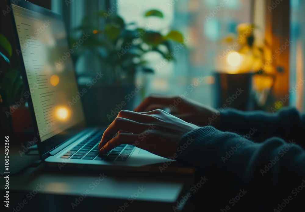 Hands Typing on Laptop by Window in Cozy, Plant-Filled Workspace Hands Typing on Laptop by Window in Cozy, Plant-Filled Workspace
