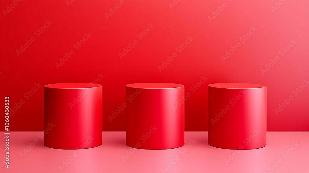 Three Red Cylinders on Red Background Plain Textured Background for Web Design and Copy Three Red Cylinders on Red Background Plain Textured Background for Web Design and Copy