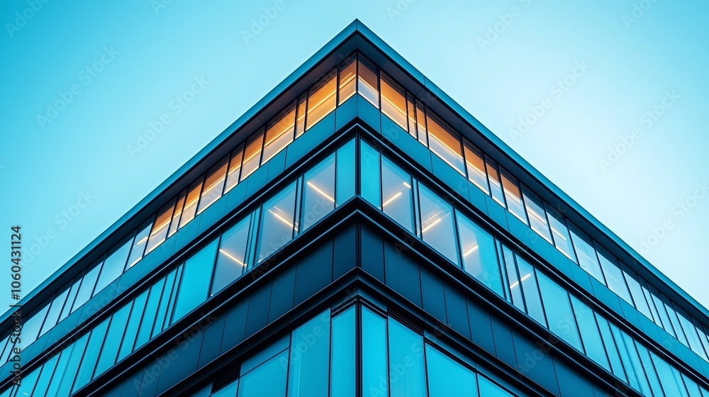 Obraz premium Close-Up of Glass and Steel Corner Edge of Office Building in Dark Blue Color Scheme Against White Sky