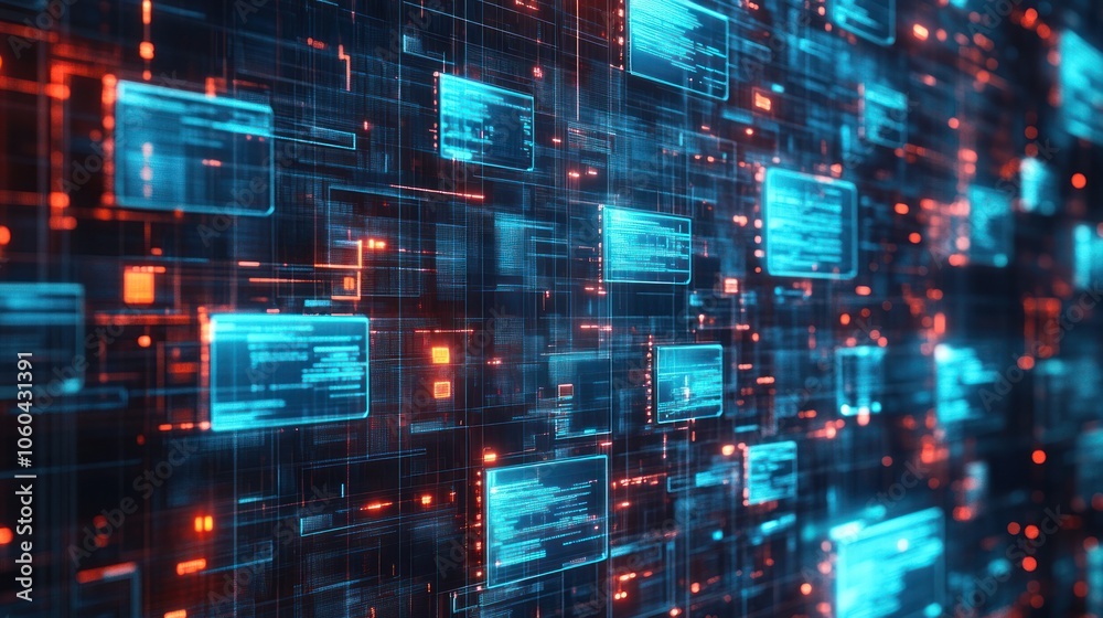 Abstract network grid with icons of files and folders floating in a virtual space symbolizing a digital document storage system,