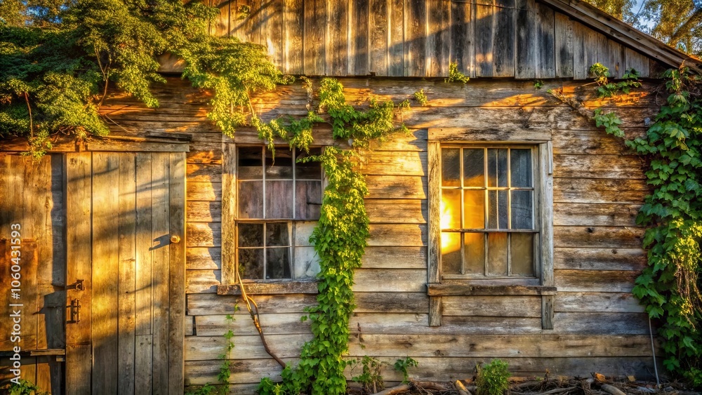 Naklejka premium A Rustic Wooden Structure Bathed in Golden Sunlight, with Weathered Walls and Vines Growing Up the Sides, a Window Reflecting the Sun's Rays, and a Door Leading to an Unknown Interior