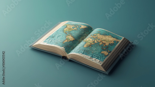 Atlas lying flat with world map visible across the pages, illustration