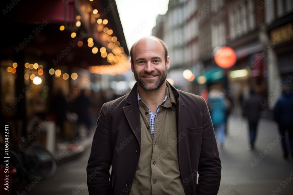 Portrait of a handsome middle-aged man in a city street.