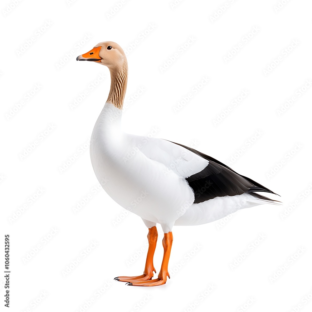 Obraz premium A stunning portrait of an elegant white goose showcasing its vibrant orange beak and feet. This image captures the beauty of wildlife in serene environments.