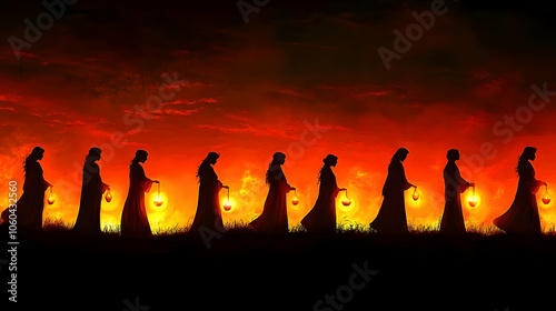 Silhouettes of Figures Walk...