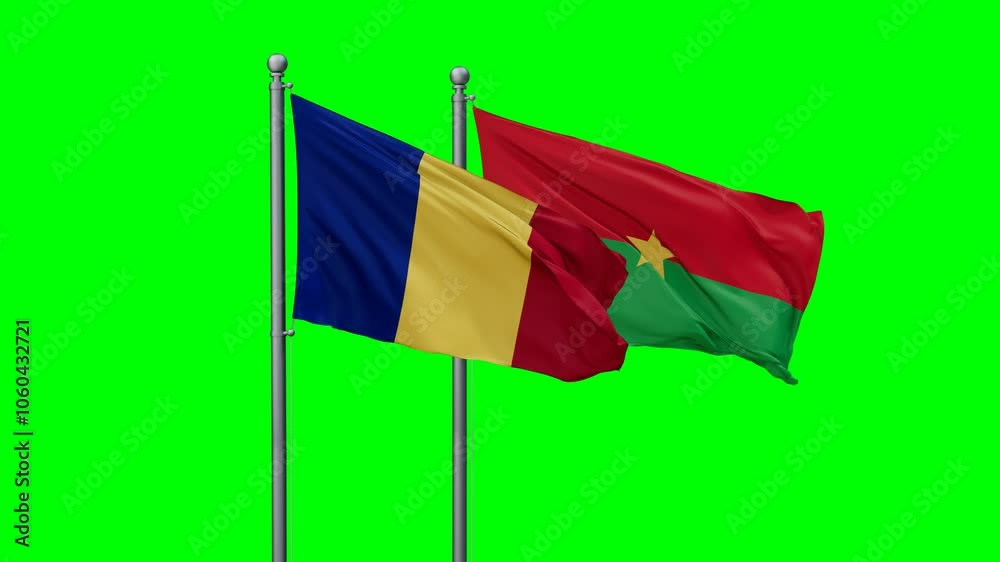 Burkina Faso and Romania flags flying together, video concept of the relationship with colored chroma key for easy background remove Burkina Faso and Romania flags flying together, video concept of the relationship with colored chroma key for easy background remove