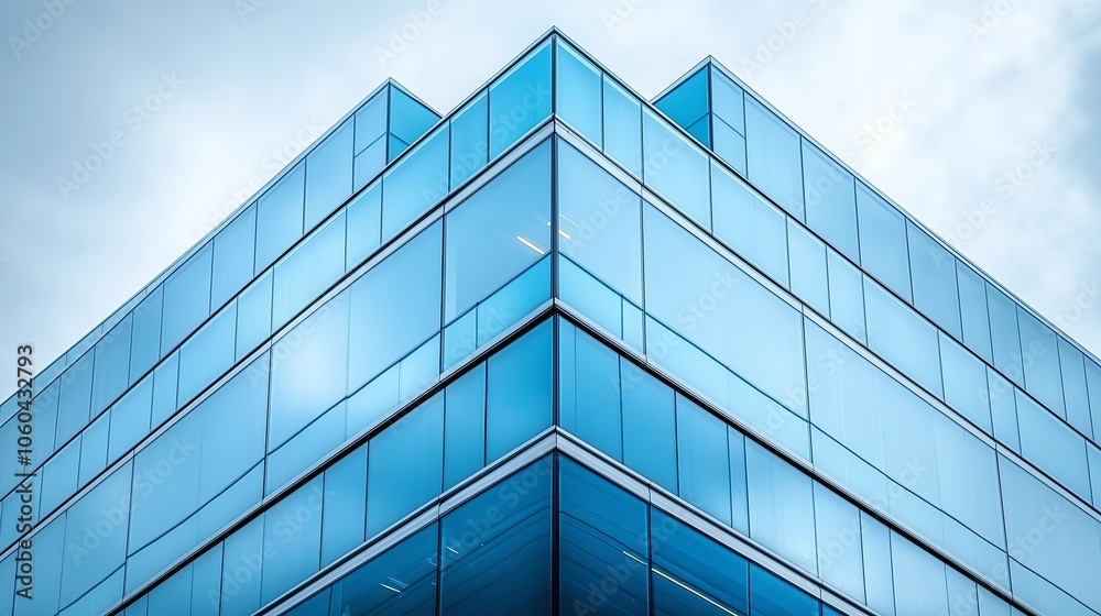 Close-Up of Glass and Steel Corner Edge of Office Building in Dark Blue Color Scheme Against White Sky Close-Up of Glass and Steel Corner Edge of Office Building in Dark Blue Color Scheme Against White Sky