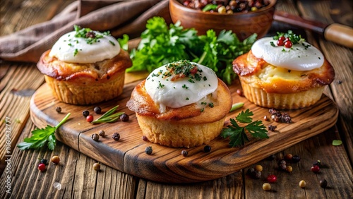 Golden Brown Savory Bites Topped with Creamy Whipped Egg and Fresh Greens on a Wooden Board