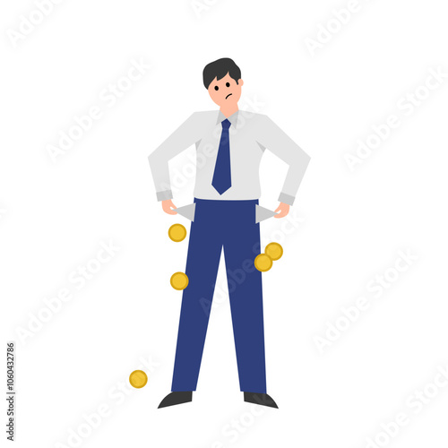 Bankruptcy, a man with empty pockets. Vector simple color flat illustration.