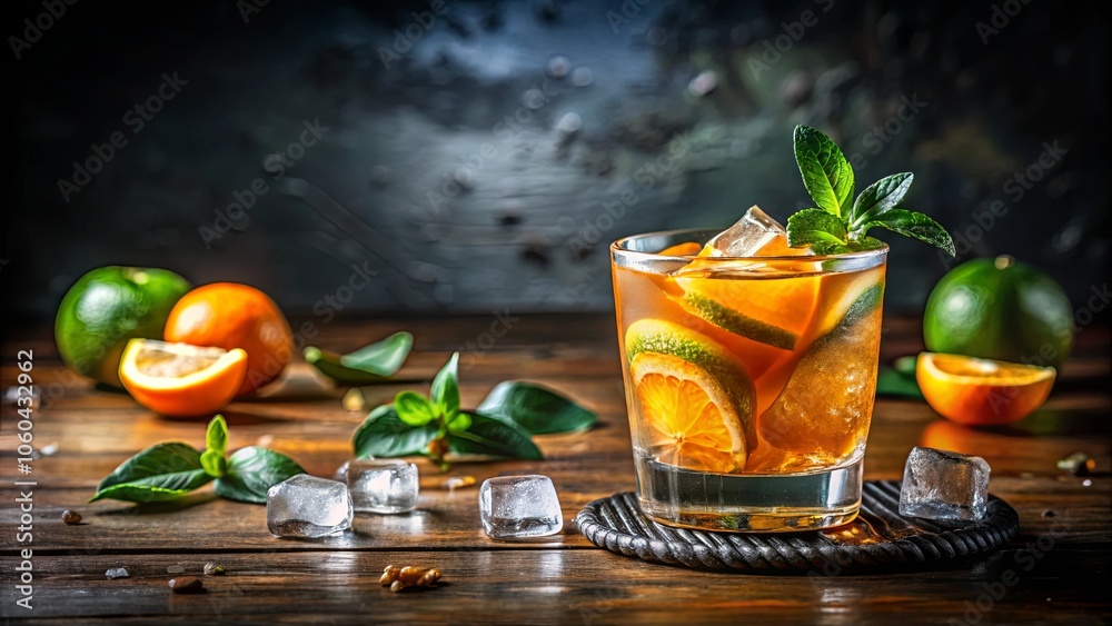 A Refreshing Citrus Cocktail with Ice and Mint Garnish, Ready to Quench Your Thirst on a Warm Day A Refreshing Citrus Cocktail with Ice and Mint Garnish, Ready to Quench Your Thirst on a Warm Day