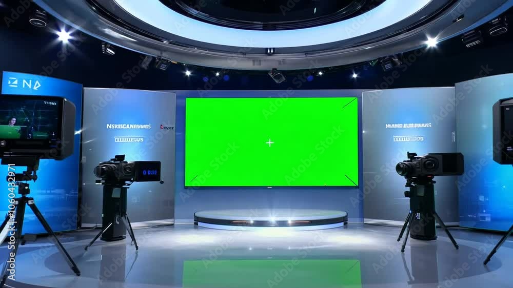 screen back news TV studio broadcast room green television media background broadcasting entertainment light set show stage three-dimensional empty digital design grooved video virtual presentation a