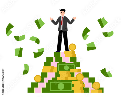 Maximum salary, man on top of the money mountain. Vector simple color flat illustration.