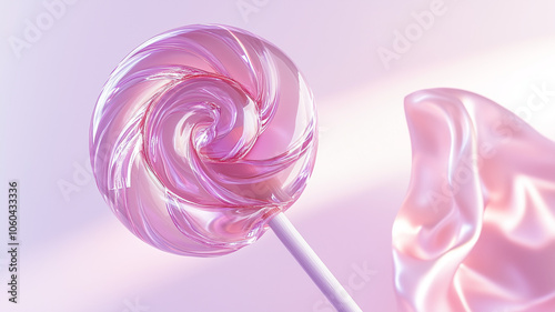 A lollipop with a clear wrapper, realistically curled, floating on a white background.


