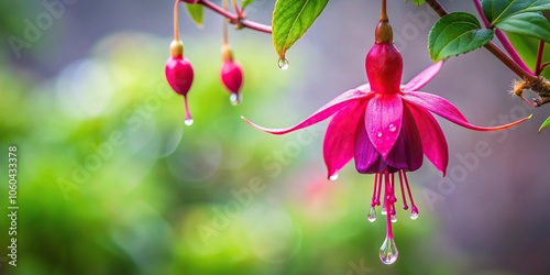 A dripping fuchsia flower petal hanging from a branch, botanical illustration, foliage photo