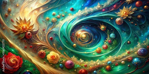 A swirling cosmic dance of vibrant hues, where golden flowers bloom amidst celestial spheres and glistening tendrils of light intertwine with swirling galaxies.