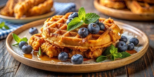 A stack of golden waffles adorned with sweet blueberries and a sprig of fresh mint, drizzled with syrup and dusted with powdered sugar, rests on a rustic wooden plate