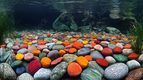 Underwater view of colorful smooth river stones in a shallow stream. photo