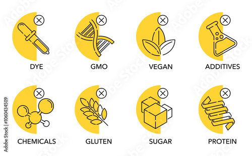 Icons set of additives for labeling, in thin line and semicircular shapes