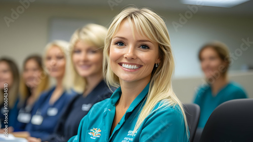 Smiling Woman in Green Scru...