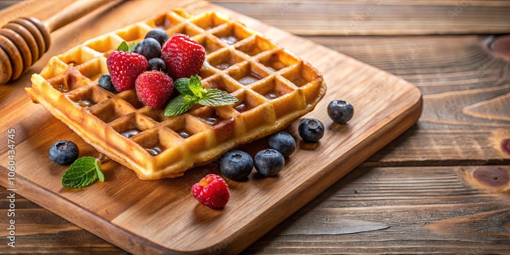 A freshly baked waffle garnished with sweet and juicy raspberries and blueberries, resting on a rustic wooden surface, exuding a delightful aroma that promises a satisfying breakfast experience. A freshly baked waffle garnished with sweet and juicy raspberries and blueberries, resting on a rustic wooden surface, exuding a delightful aroma that promises a satisfying breakfast experience.