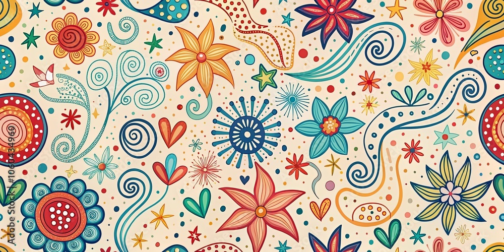 A Whimsical Tapestry of Swirling Flowers and Abstract Shapes in Vibrant Hues A Whimsical Tapestry of Swirling Flowers and Abstract Shapes in Vibrant Hues