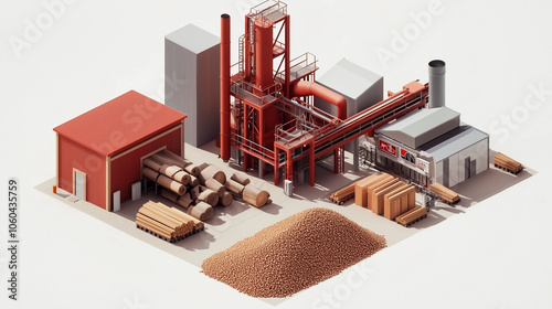 Wood pellet production facility with pelletizing machines, illustration art photo