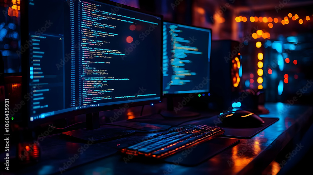 Computer Code on Screen, Desktop Setup, RGB Lights, Close-Up Computer Code on Screen, Desktop Setup, RGB Lights, Close-Up