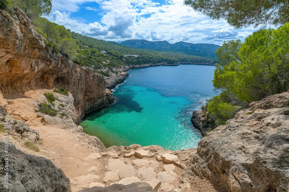Aerial - calm turquoise water lagoon near ancient cave system, Mallorca. Beautiful simple AI generated image Aerial - calm turquoise water lagoon near ancient cave system, Mallorca. Beautiful simple AI generated image