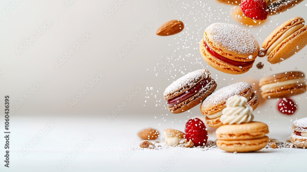Colorful Gourmet Desserts in Air with Pastries and Fruits Colorful Gourmet Desserts in Air with Pastries and Fruits