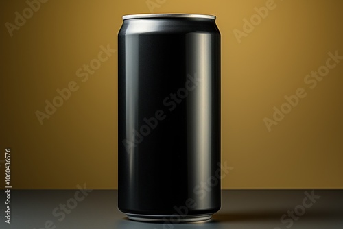 A sleek, black beverage can against a warm, gradient background.