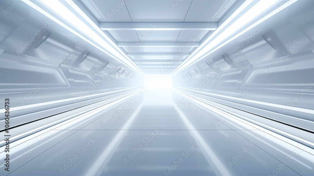 Abstract Futuristic White Room Featuring a Corridor and Light Beams, Representing an Innovative Technology Concept Abstract Futuristic White Room Featuring a Corridor and Light Beams, Representing an Innovative Technology Concept
