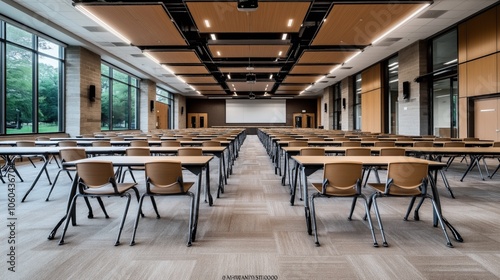 Large modern lecture hall with rows of wooden desks and chairs facing a projector screen, featuring high ceilings with acoustic panels and large windows revealing outdoor greenery.