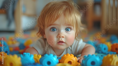 Curious toddler exploring colorful toys on the floor