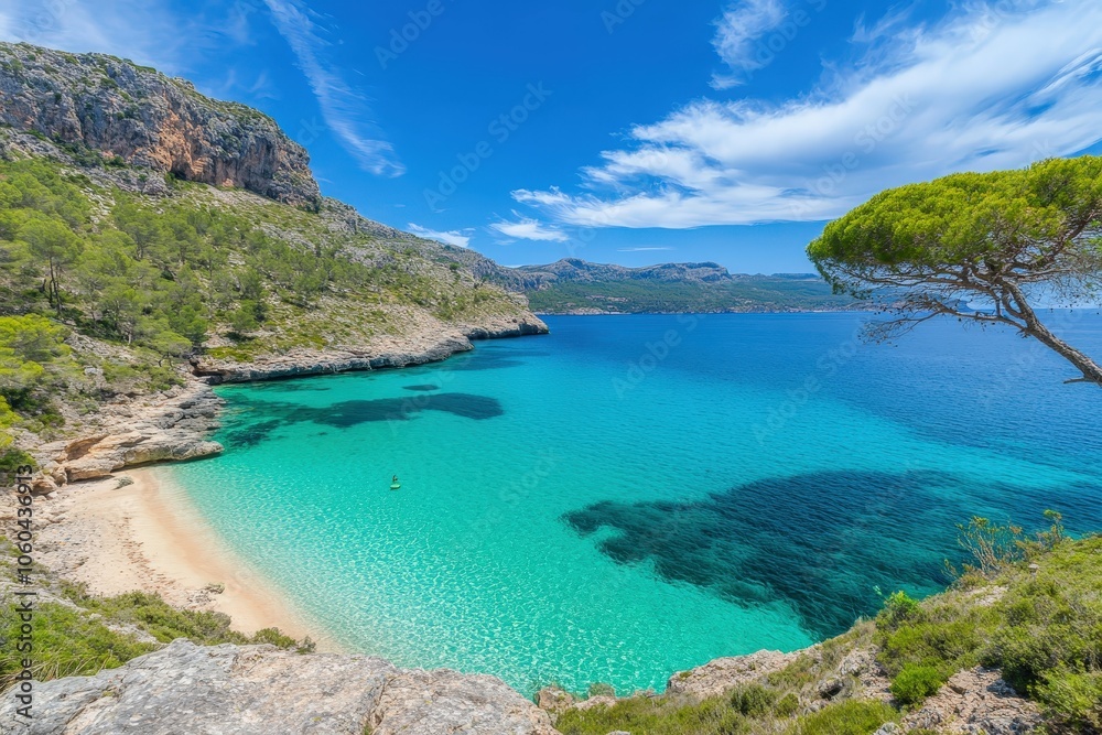 Obraz premium Aerial - calm turquoise water lagoon near ancient cave system, Mallorca. Beautiful simple AI generated image