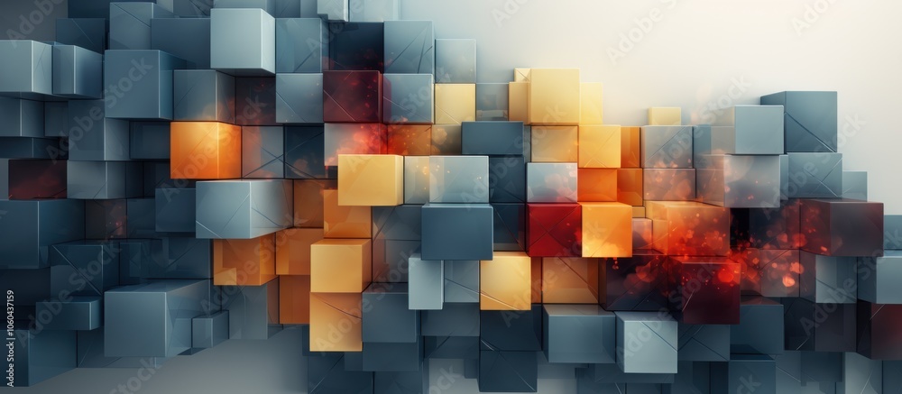 Abstract composition of 3D cubes in varying colors and textures. Abstract composition of 3D cubes in varying colors and textures.