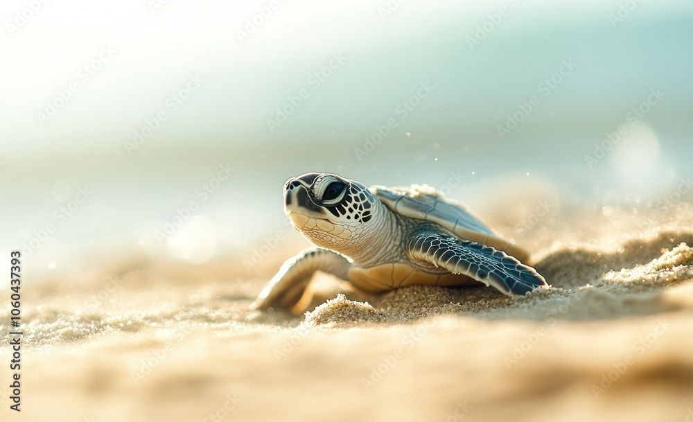 Obraz premium A close-up shot of an adorable little baby turtle on the sandy beach