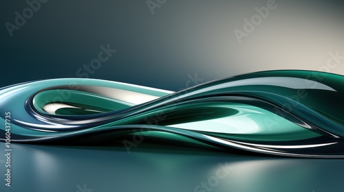 Abstract flowing shapes in teal and silver create a dynamic, modern aesthetic.