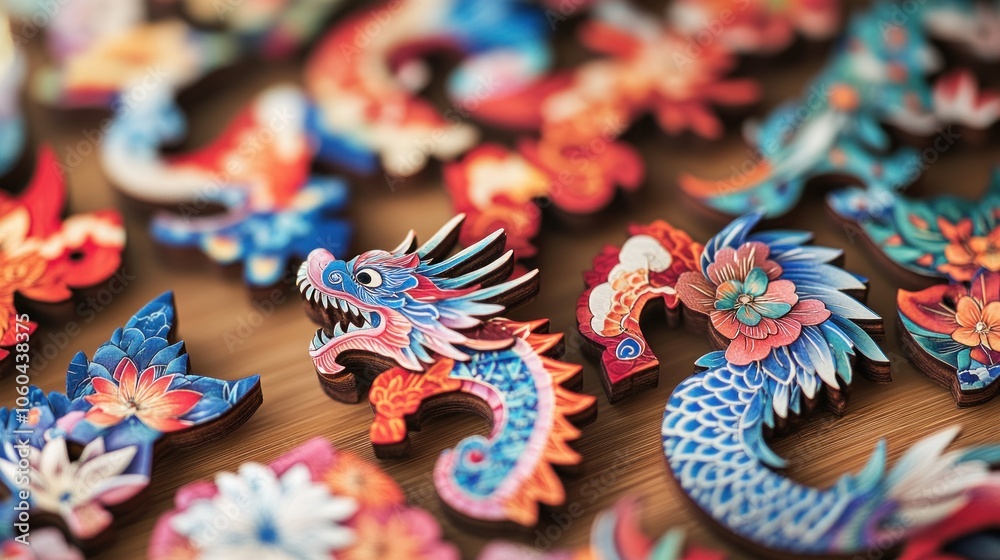 Fototapeta premium A colorful display of hand-painted wooden jianzhi (paper-cutting) puzzles, each piece showcasing traditional Chinese motifs like dragons, flowers, and birds
