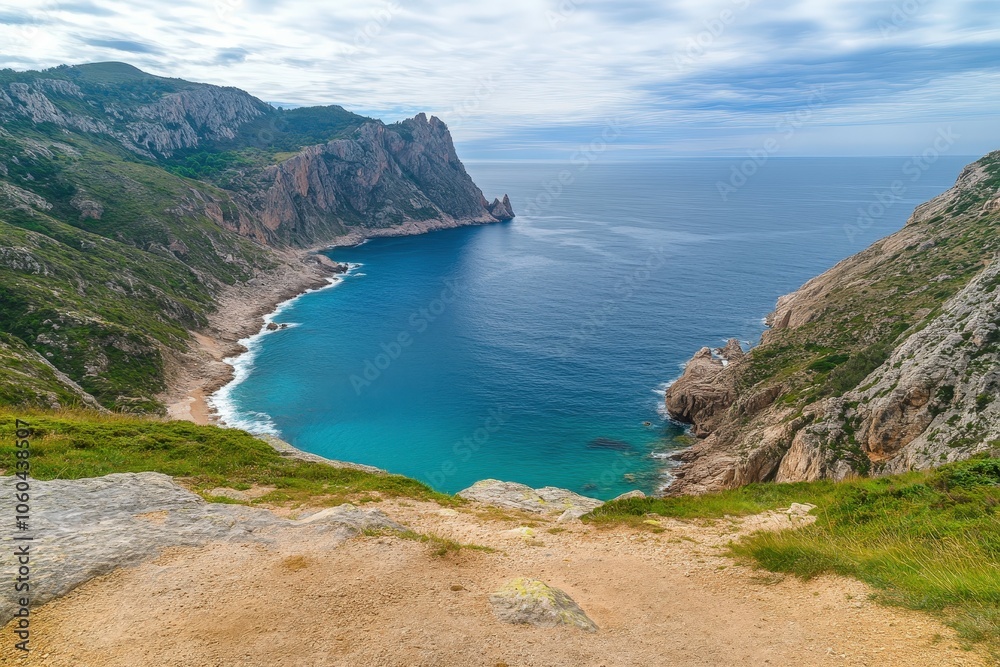 Secret beach - wild coast of Mallorca, Spain, Balearic Islands. Artistic sunrise and dusk landascape.. Beautiful simple AI generated image Secret beach - wild coast of Mallorca, Spain, Balearic Islands. Artistic sunrise and dusk landascape.. Beautiful simple AI generated image