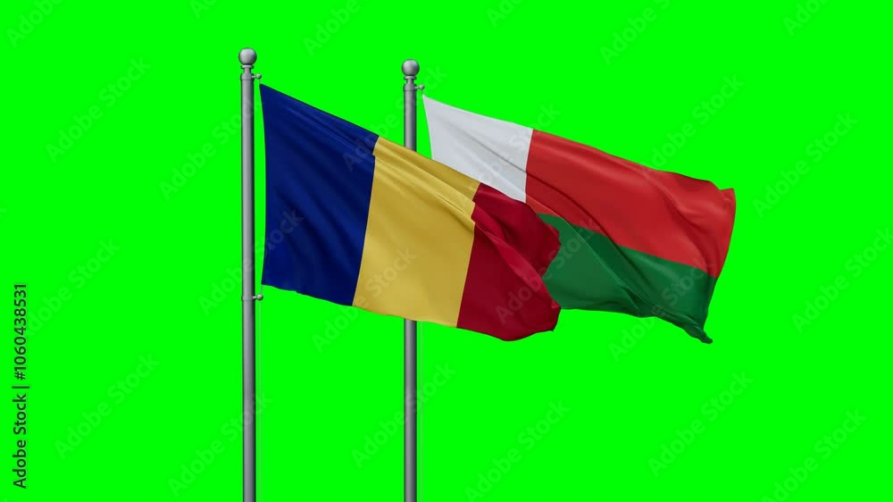 Madagascar and Romania flags flying together, video concept of the relationship with colored chroma key for easy background remove Madagascar and Romania flags flying together, video concept of the relationship with colored chroma key for easy background remove